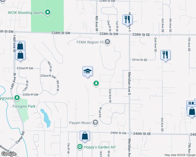 map of restaurants, bars, coffee shops, grocery stores, and more near 325 233rd Street Southwest in Bothell