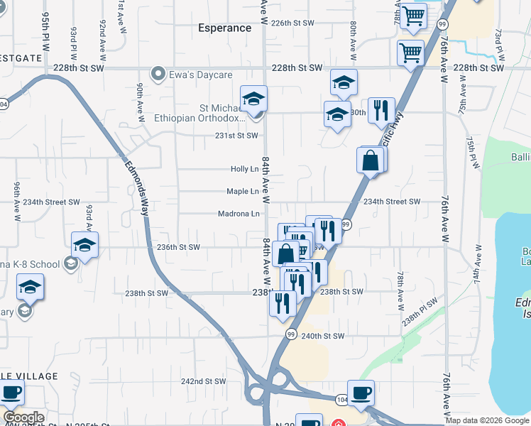 map of restaurants, bars, coffee shops, grocery stores, and more near 23329 84th Avenue West in Edmonds