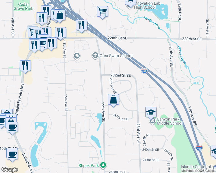 map of restaurants, bars, coffee shops, grocery stores, and more near 23220 20th Avenue Southeast in Bothell