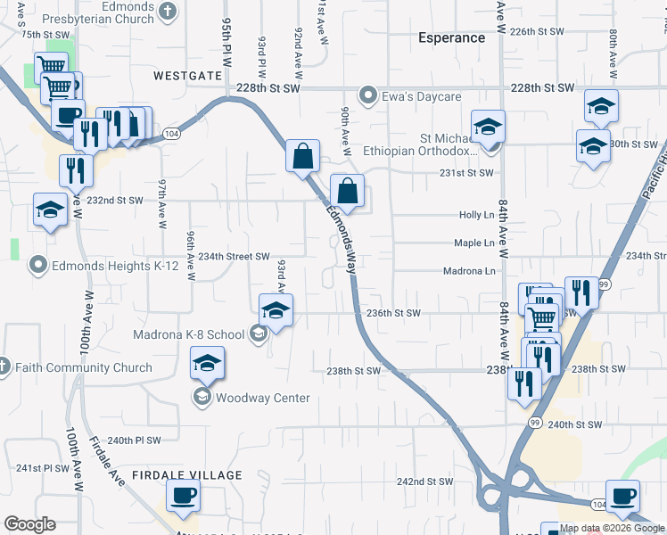 map of restaurants, bars, coffee shops, grocery stores, and more near 23327 92nd Avenue West in Edmonds