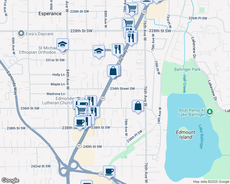 map of restaurants, bars, coffee shops, grocery stores, and more near 7914 234th Street Southwest in Edmonds