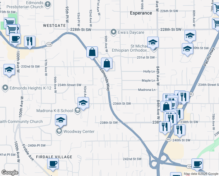 map of restaurants, bars, coffee shops, grocery stores, and more near 23404 Edmonds Way in Edmonds