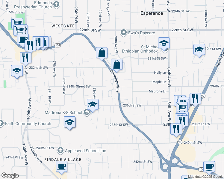 map of restaurants, bars, coffee shops, grocery stores, and more near 23327 92nd Avenue West in Edmonds