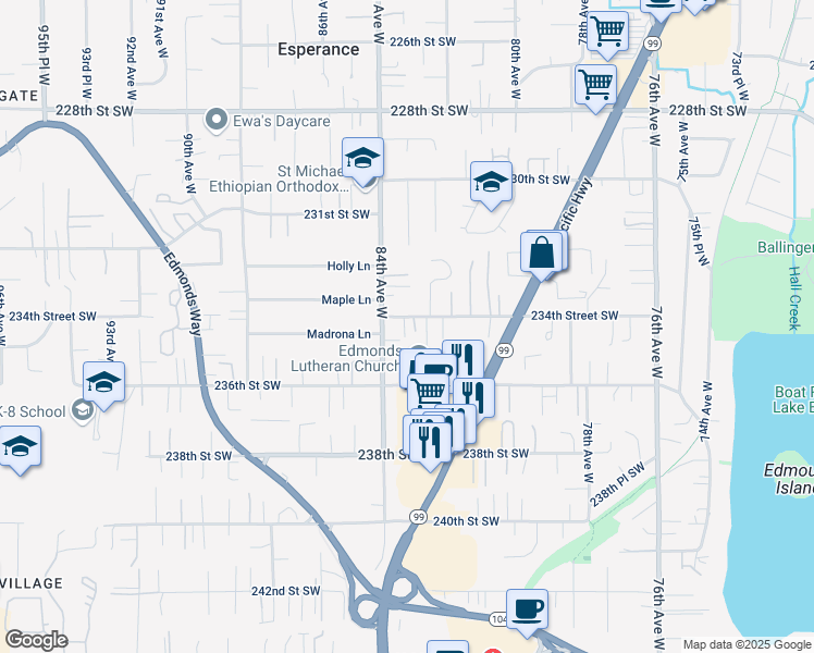 map of restaurants, bars, coffee shops, grocery stores, and more near 23329 84th Avenue West in Edmonds