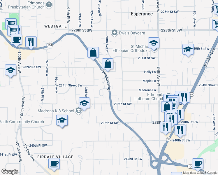 map of restaurants, bars, coffee shops, grocery stores, and more near 23404 Edmonds Way in Edmonds