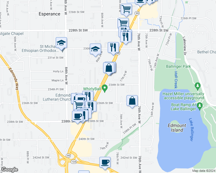map of restaurants, bars, coffee shops, grocery stores, and more near 7914 234th Street Southwest in Edmonds