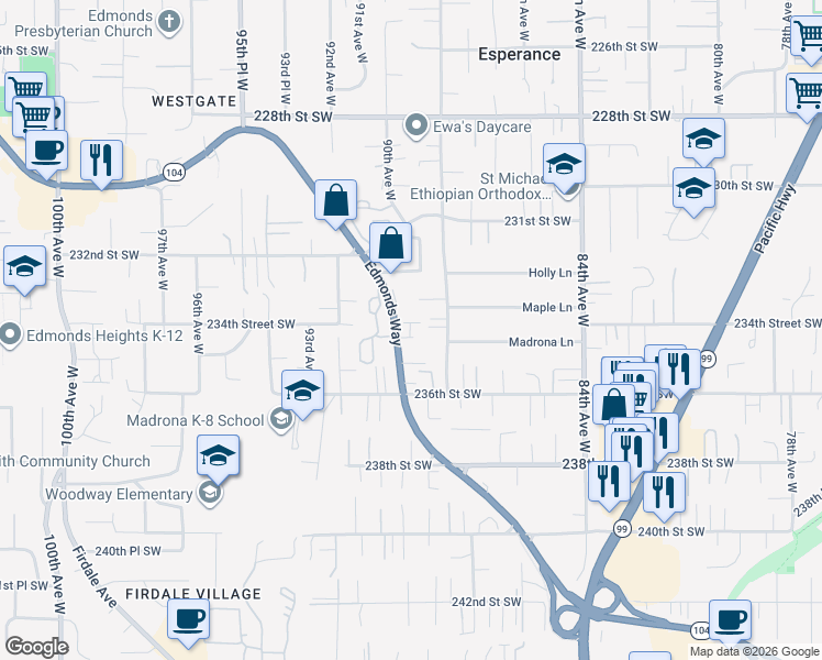 map of restaurants, bars, coffee shops, grocery stores, and more near 23404 Edmonds Way in Edmonds