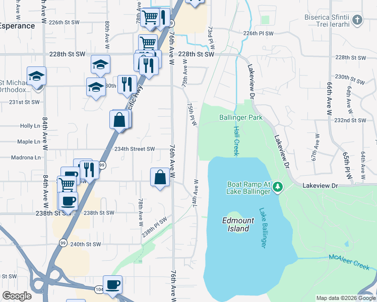map of restaurants, bars, coffee shops, grocery stores, and more near 23325 75th Avenue West in Edmonds