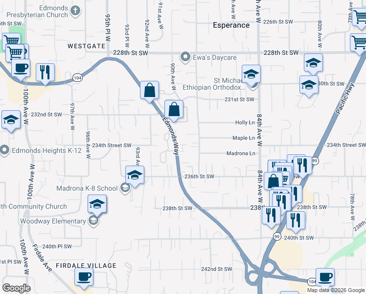 map of restaurants, bars, coffee shops, grocery stores, and more near 23404 Edmonds Way in Edmonds