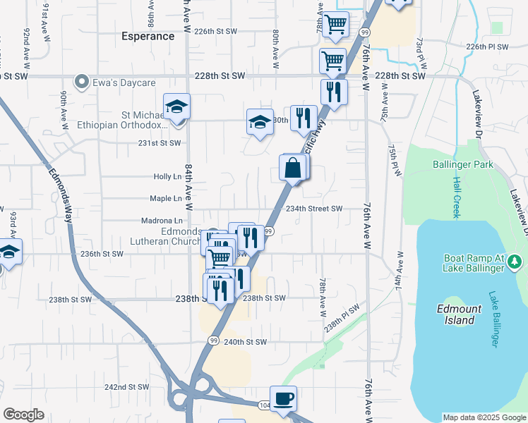map of restaurants, bars, coffee shops, grocery stores, and more near 8020 234th Street Southwest in Edmonds