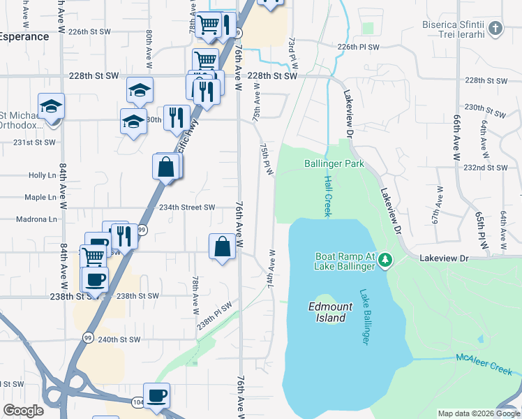 map of restaurants, bars, coffee shops, grocery stores, and more near 23325 75th Avenue West in Edmonds