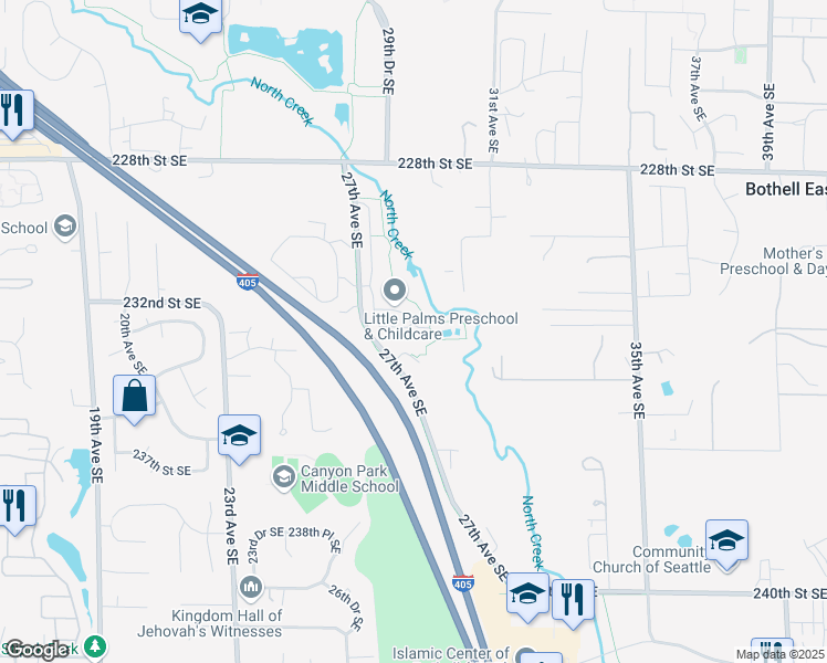 map of restaurants, bars, coffee shops, grocery stores, and more near 2804 232nd Street Southeast in Bothell