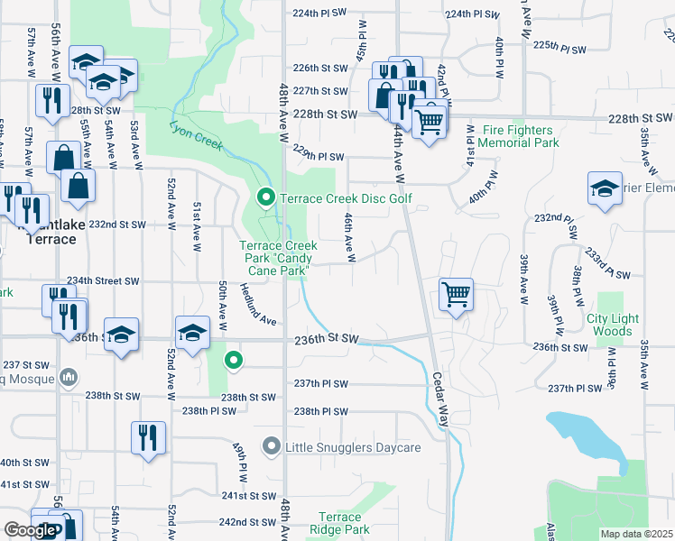 map of restaurants, bars, coffee shops, grocery stores, and more near 4604 233rd Street Southwest in Mountlake Terrace