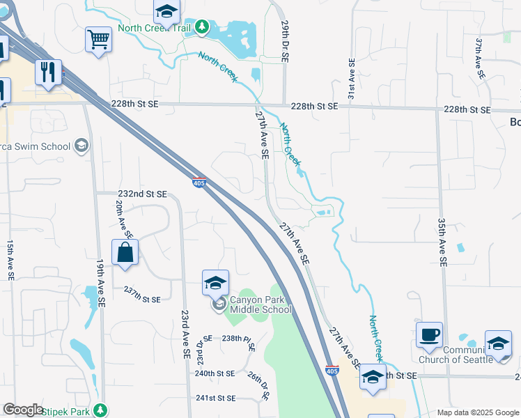 map of restaurants, bars, coffee shops, grocery stores, and more near 23218 27th Avenue Southeast in Bothell