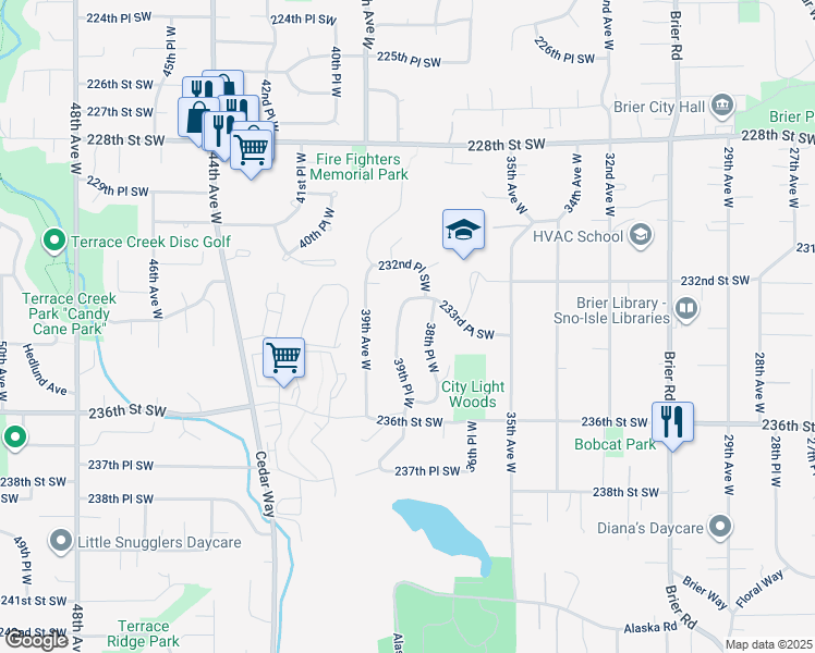 map of restaurants, bars, coffee shops, grocery stores, and more near 23305 39th Place West in Brier