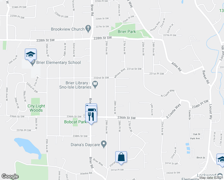 map of restaurants, bars, coffee shops, grocery stores, and more near 23310 28th Avenue West in Brier