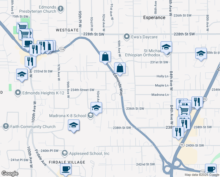 map of restaurants, bars, coffee shops, grocery stores, and more near 23327 92nd Avenue West in Edmonds