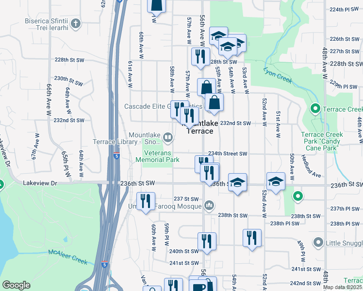 map of restaurants, bars, coffee shops, grocery stores, and more near 23308 58th Avenue West in Mountlake Terrace