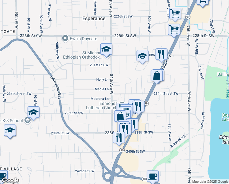 map of restaurants, bars, coffee shops, grocery stores, and more near 23329 84th Avenue West in Edmonds