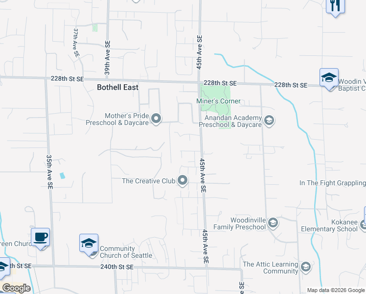 map of restaurants, bars, coffee shops, grocery stores, and more near 23214 45th Avenue Southeast in Bothell