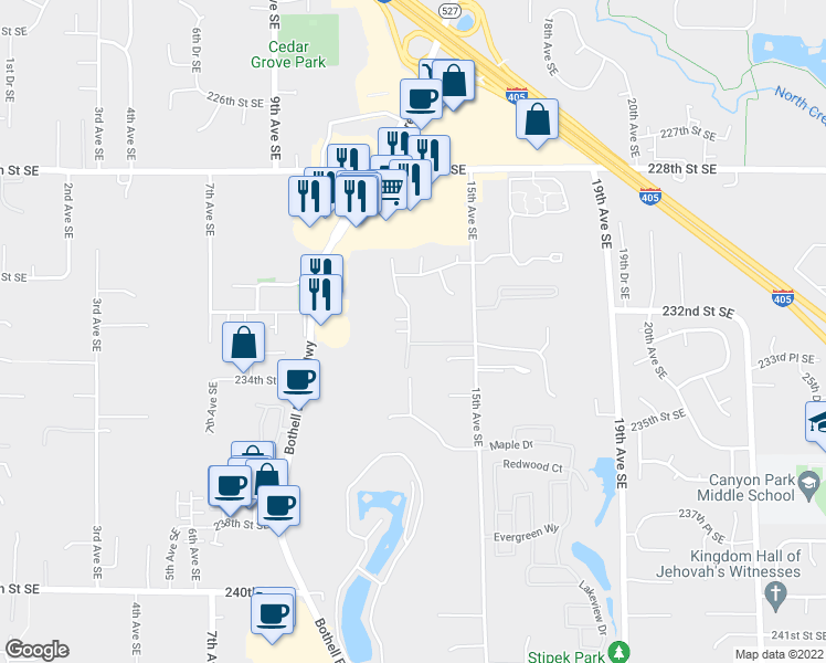 map of restaurants, bars, coffee shops, grocery stores, and more near 23219 13th Avenue Southeast in Bothell