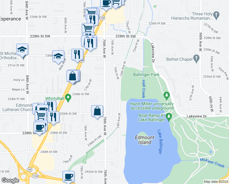 map of restaurants, bars, coffee shops, grocery stores, and more near 23325 75th Avenue West in Edmonds