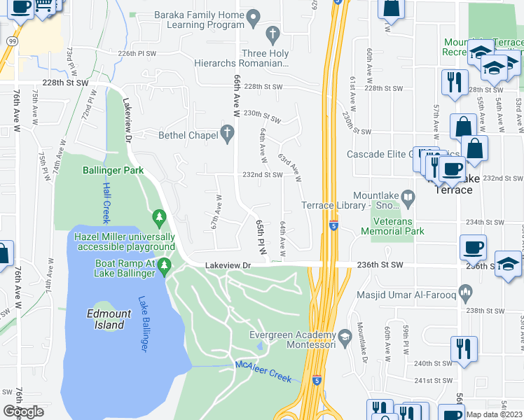 map of restaurants, bars, coffee shops, grocery stores, and more near 6408 233rd Place Southwest in Mountlake Terrace