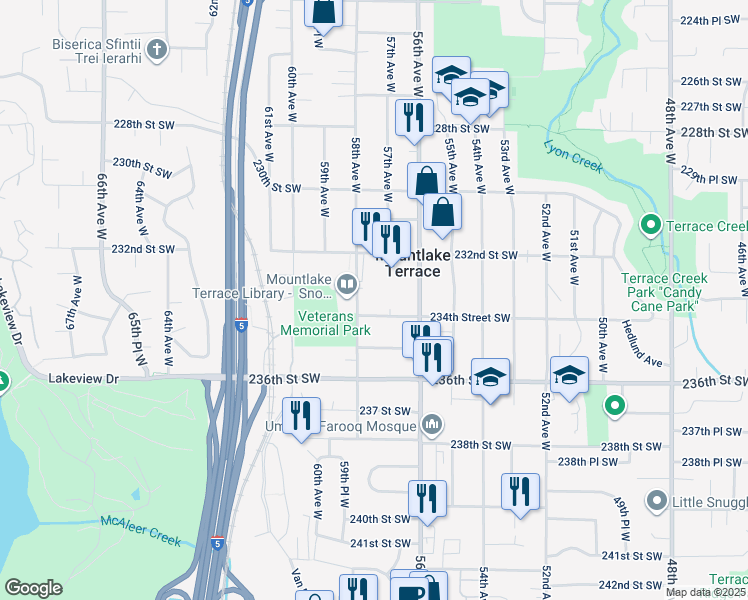 map of restaurants, bars, coffee shops, grocery stores, and more near 23308 58th Avenue West in Mountlake Terrace