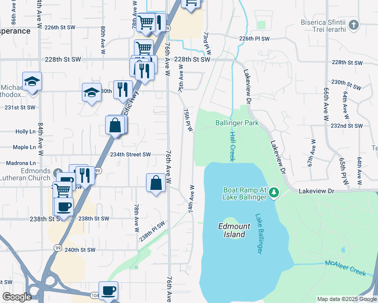 map of restaurants, bars, coffee shops, grocery stores, and more near 23325 75th Avenue West in Edmonds