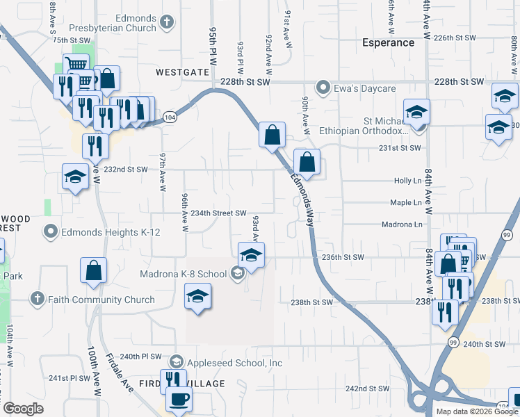map of restaurants, bars, coffee shops, grocery stores, and more near 9204 234th Place Southwest in Edmonds