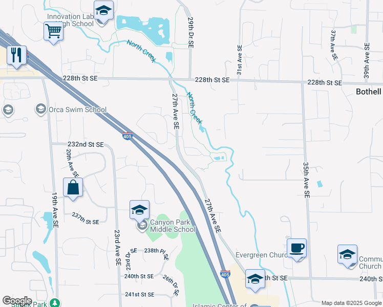 map of restaurants, bars, coffee shops, grocery stores, and more near 2709 232nd Place Southeast in Bothell
