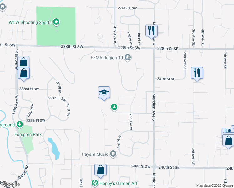 map of restaurants, bars, coffee shops, grocery stores, and more near 325 233rd Street Southwest in Bothell