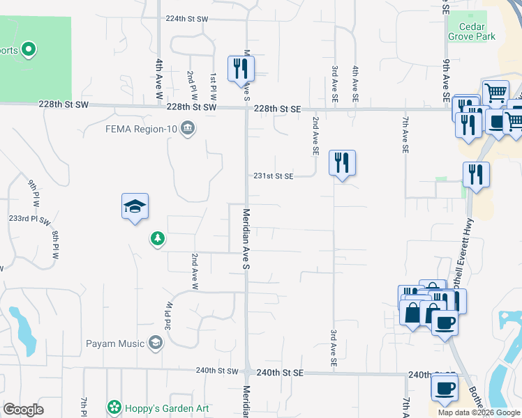 map of restaurants, bars, coffee shops, grocery stores, and more near 28 232nd Place Southwest in Bothell