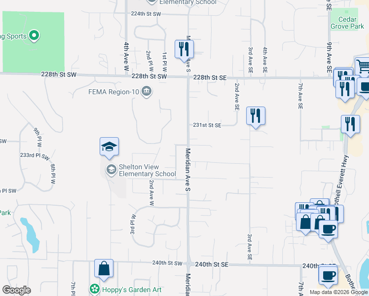 map of restaurants, bars, coffee shops, grocery stores, and more near 23227 1st Avenue West in Bothell