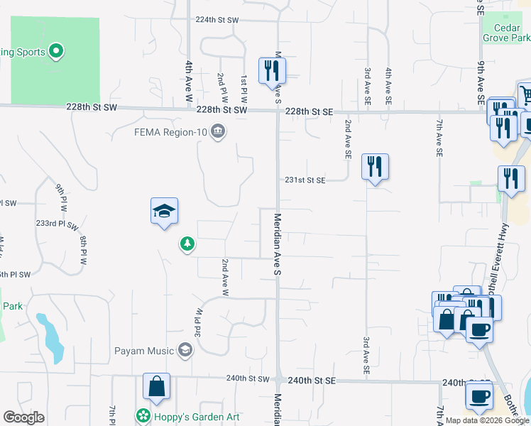 map of restaurants, bars, coffee shops, grocery stores, and more near 23227 1st Avenue West in Bothell
