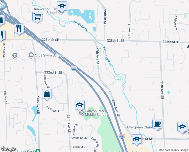 map of restaurants, bars, coffee shops, grocery stores, and more near 23218 27th Avenue Southeast in Bothell