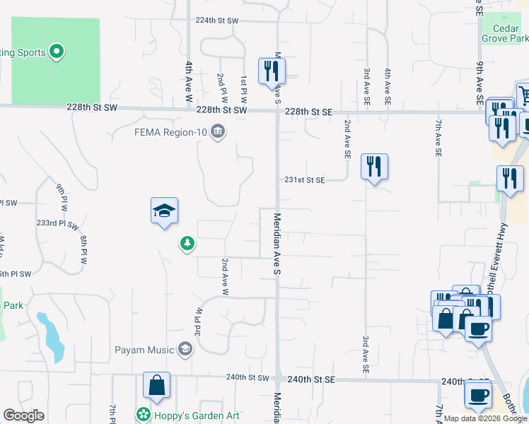 map of restaurants, bars, coffee shops, grocery stores, and more near 23227 1st Avenue West in Bothell