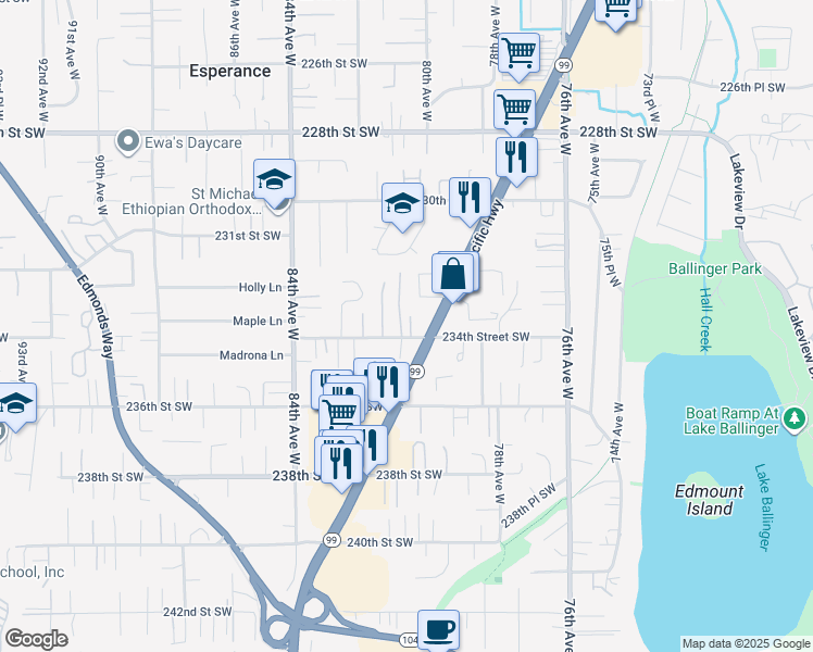 map of restaurants, bars, coffee shops, grocery stores, and more near 8020 234th Street Southwest in Edmonds