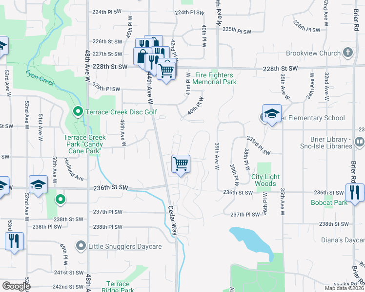 map of restaurants, bars, coffee shops, grocery stores, and more near 23321 Cedar Way in Mountlake Terrace