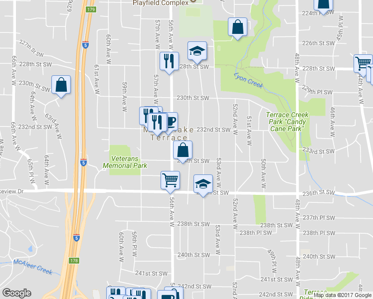 map of restaurants, bars, coffee shops, grocery stores, and more near 23304 55th Avenue West in Mountlake Terrace