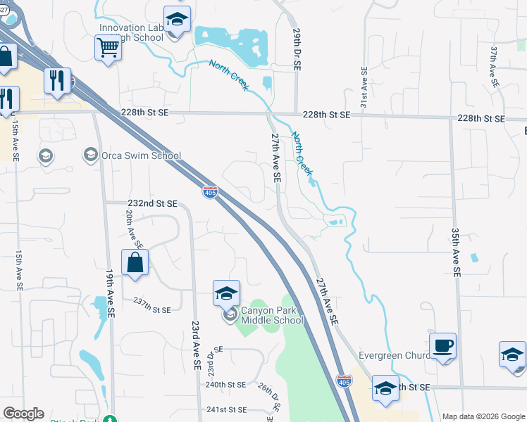 map of restaurants, bars, coffee shops, grocery stores, and more near 23218 27th Avenue Southeast in Bothell