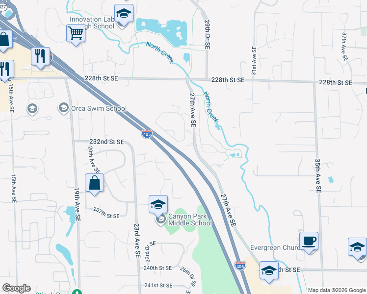 map of restaurants, bars, coffee shops, grocery stores, and more near 23218 27th Avenue Southeast in Bothell