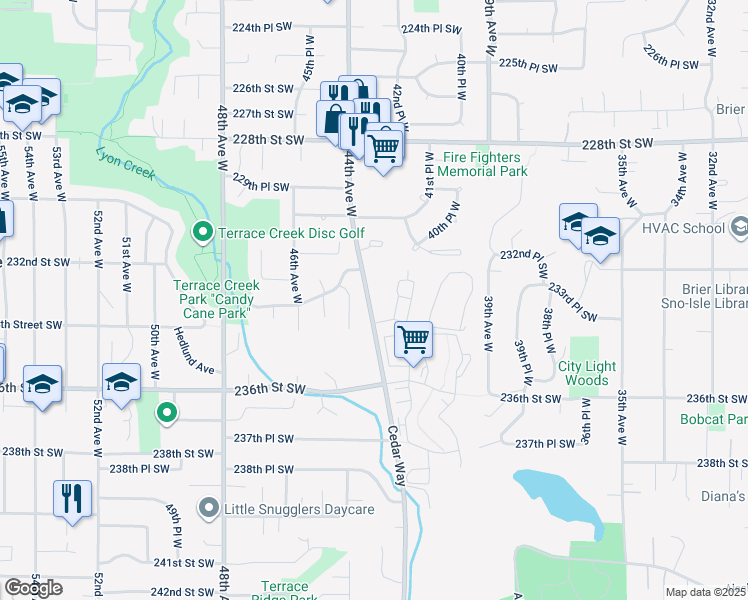 map of restaurants, bars, coffee shops, grocery stores, and more near 23335 Cedar Way in Mountlake Terrace