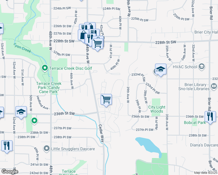 map of restaurants, bars, coffee shops, grocery stores, and more near 23321 Cedar Way in Mountlake Terrace
