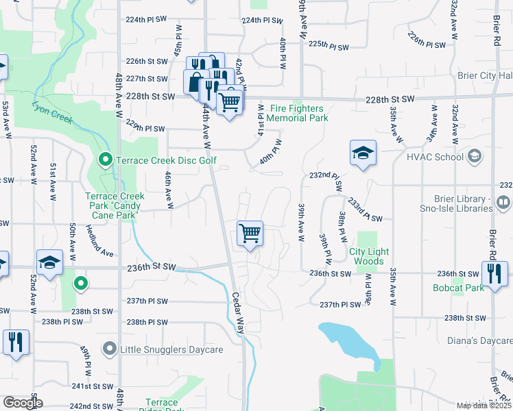 map of restaurants, bars, coffee shops, grocery stores, and more near 23301 Cedar Way in Mountlake Terrace