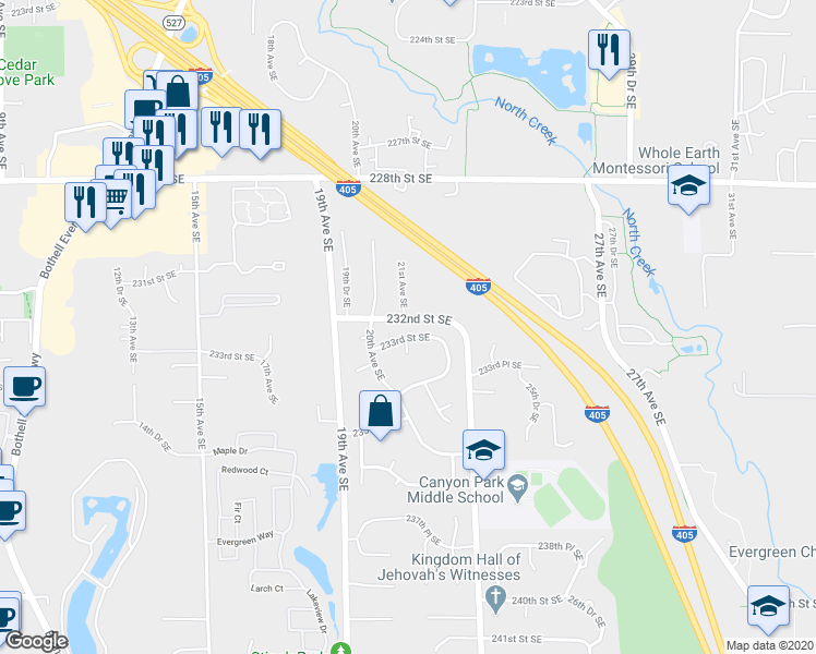 map of restaurants, bars, coffee shops, grocery stores, and more near 2028 233rd Street Southeast in Bothell