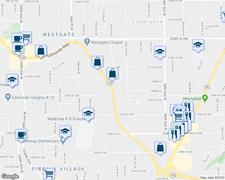map of restaurants, bars, coffee shops, grocery stores, and more near 23404 Edmonds Way in Edmonds