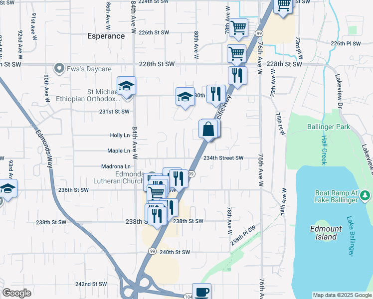 map of restaurants, bars, coffee shops, grocery stores, and more near 8020 234th Street Southwest in Edmonds