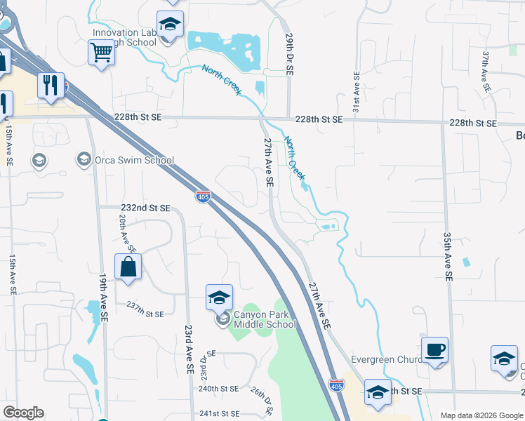 map of restaurants, bars, coffee shops, grocery stores, and more near 23218 27th Avenue Southeast in Bothell