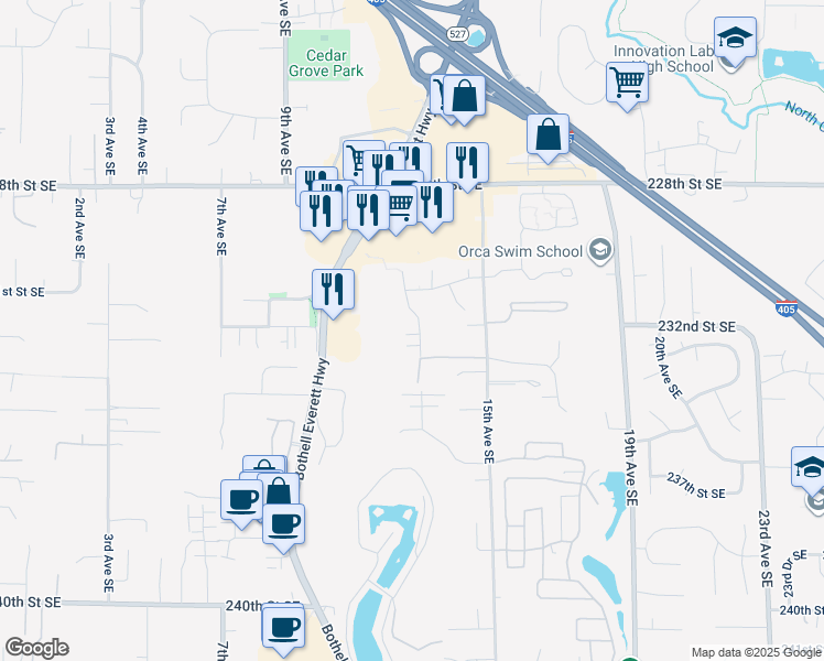 map of restaurants, bars, coffee shops, grocery stores, and more near 23219 13th Avenue Southeast in Bothell